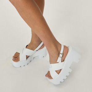White Chunky Platform Cleated Strappy Buckle Sandals